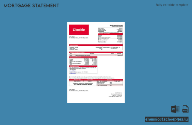 Lettland Citadele Banka Hypothekenabrechnung Word- und PDF-Beispielvorschau
